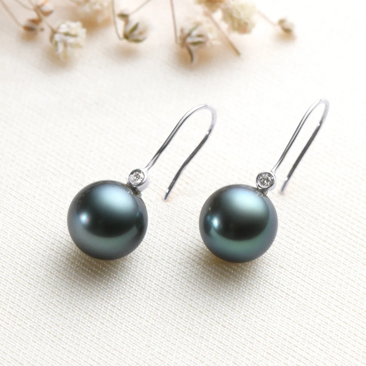 Natural Tahitian Black Pearl Diamond Hook Earrings