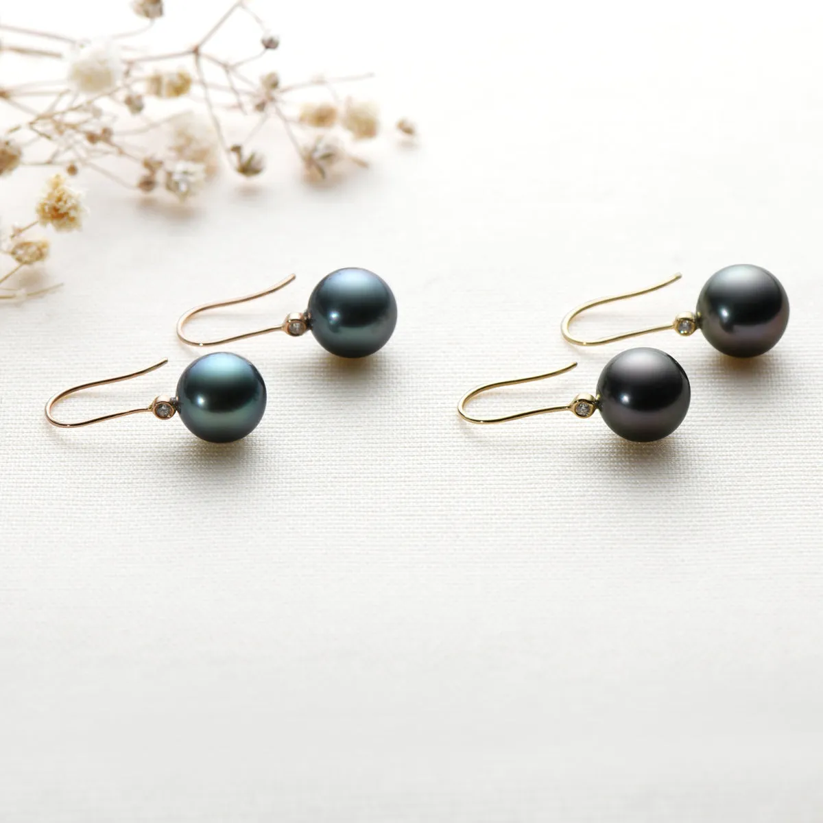 Natural Tahitian Black Pearl Diamond Hook Earrings
