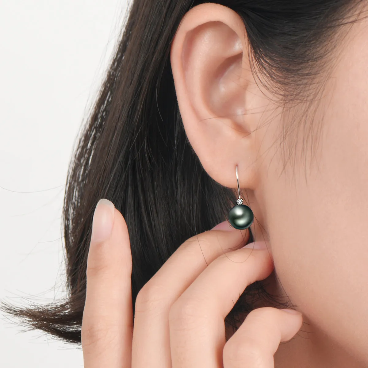 Natural Tahitian Black Pearl Diamond Hook Earrings