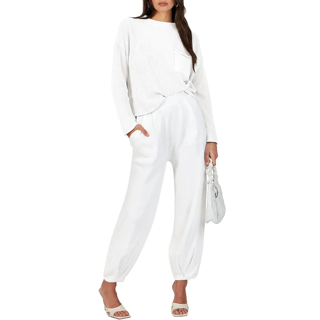New Womens Two Piece Outfit Stretchy Knit Long Sleeve Knit Sweater Set Oversized Harem Type Knit Pant Lounge Set White, Sz L! Retails $129 