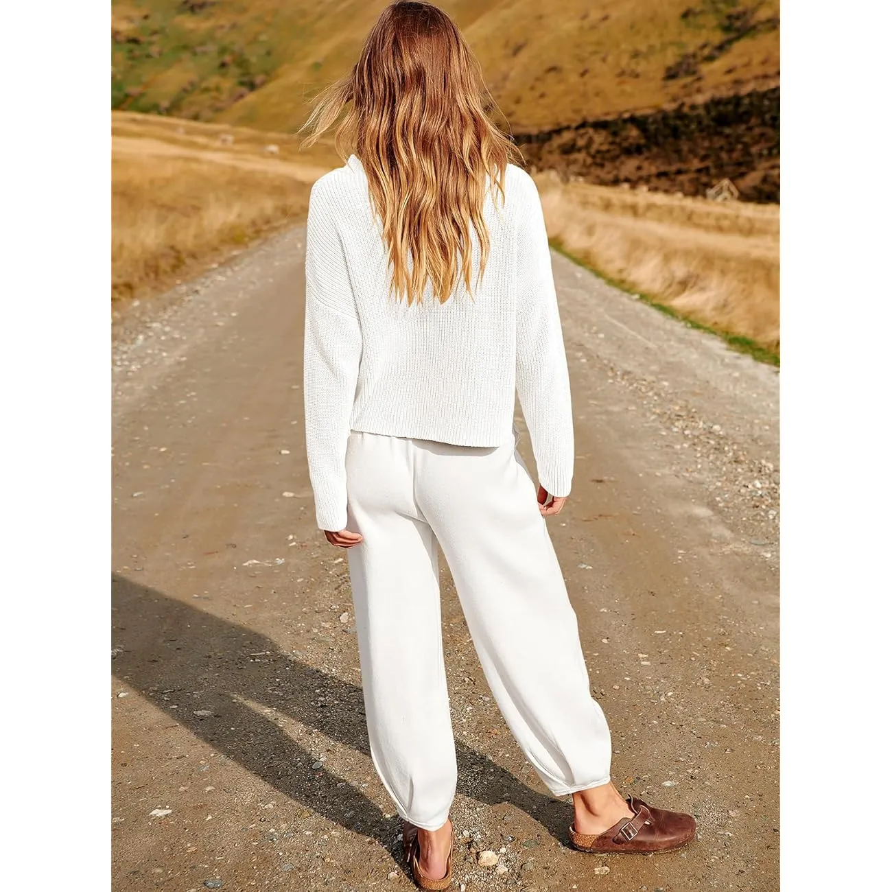 New Womens Two Piece Outfit Stretchy Knit Long Sleeve Knit Sweater Set Oversized Harem Type Knit Pant Lounge Set White, Sz L! Retails $129 