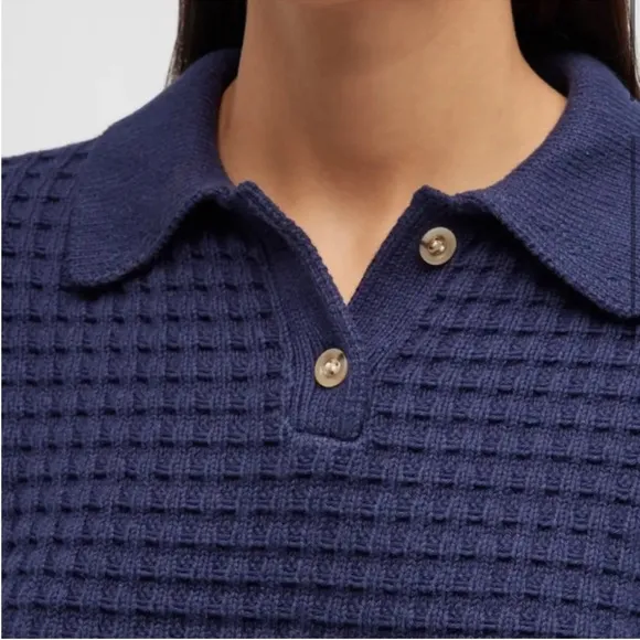NWT Onia Navy Blue Waffle Knit Polo Collar Shirt Long Sleeve Cropped Sweater szL