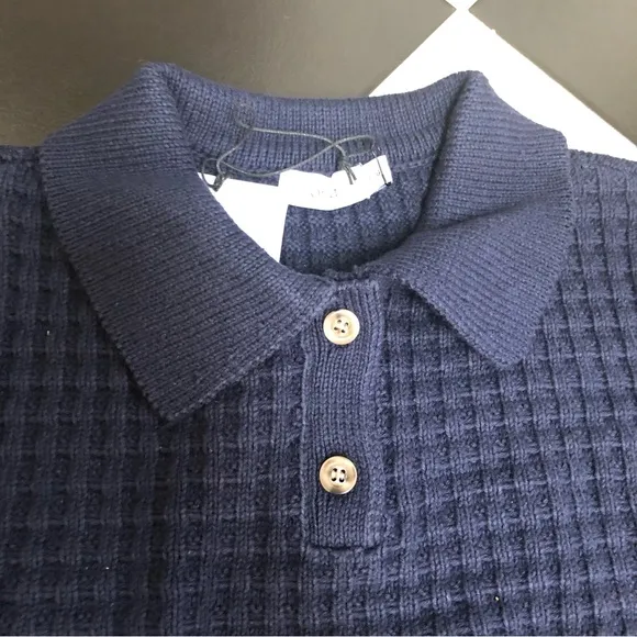 NWT Onia Navy Blue Waffle Knit Polo Collar Shirt Long Sleeve Cropped Sweater szL