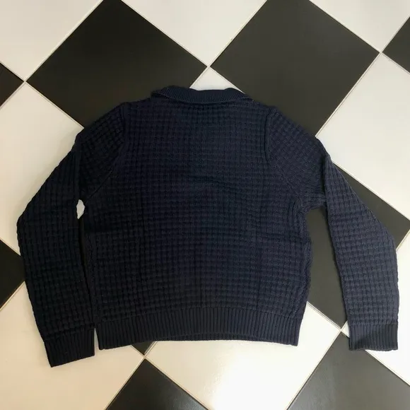 NWT Onia Navy Blue Waffle Knit Polo Collar Shirt Long Sleeve Cropped Sweater szL