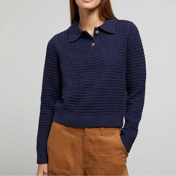 NWT Onia Navy Blue Waffle Knit Polo Collar Shirt Long Sleeve Cropped Sweater szL