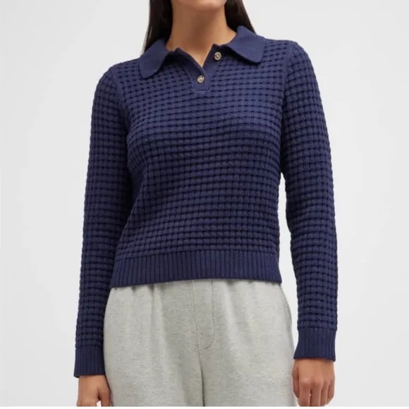 NWT Onia Navy Blue Waffle Knit Polo Collar Shirt Long Sleeve Cropped Sweater szL