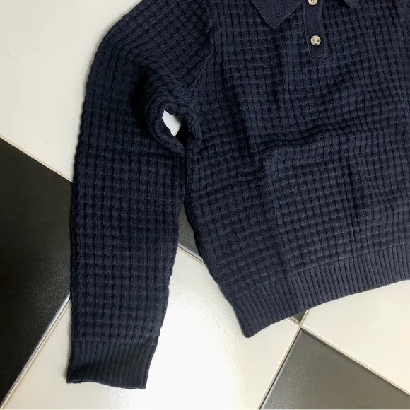 NWT Onia Navy Blue Waffle Knit Polo Collar Shirt Long Sleeve Cropped Sweater szL