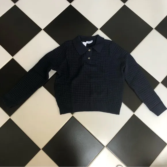 NWT Onia Navy Blue Waffle Knit Polo Collar Shirt Long Sleeve Cropped Sweater szL