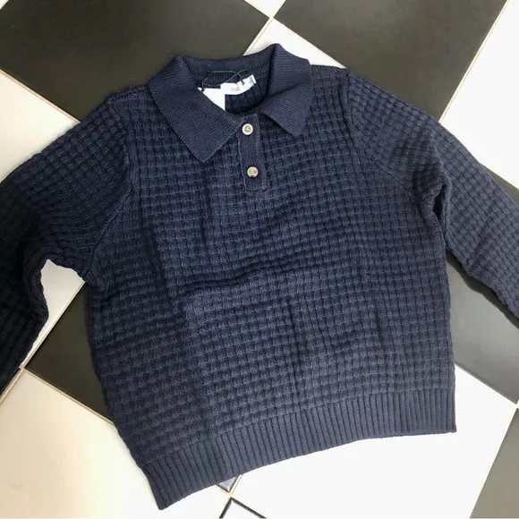 NWT Onia Navy Blue Waffle Knit Polo Collar Shirt Long Sleeve Cropped Sweater szL