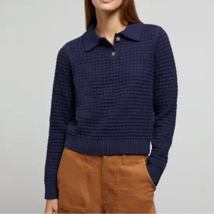 NWT Onia Navy Blue Waffle Knit Polo Collar Shirt Long Sleeve Cropped Sweater szL