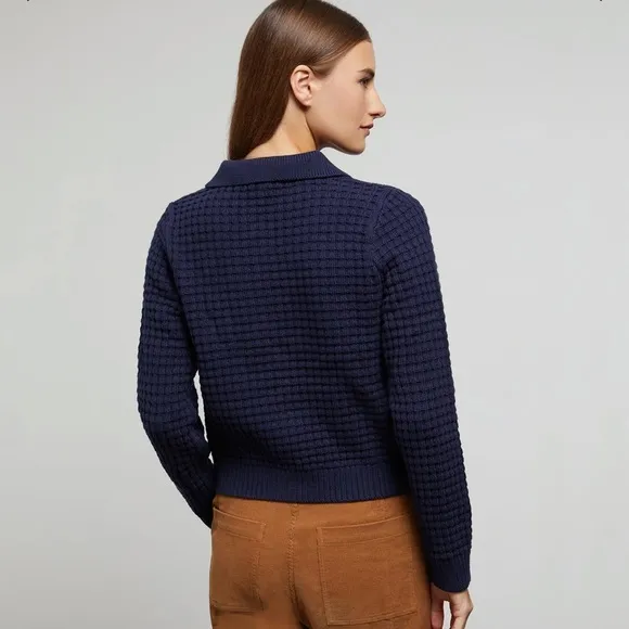 NWT Onia Navy Blue Waffle Knit Polo Collar Shirt Long Sleeve Cropped Sweater szL