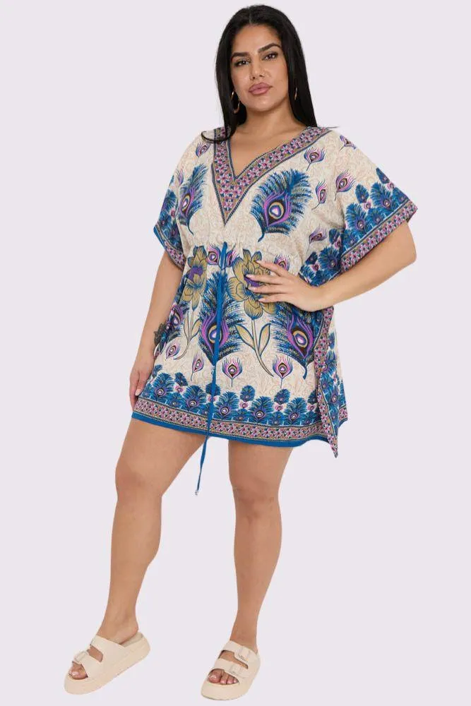 Peacock Feather Print Drawstring Waist Kaftan