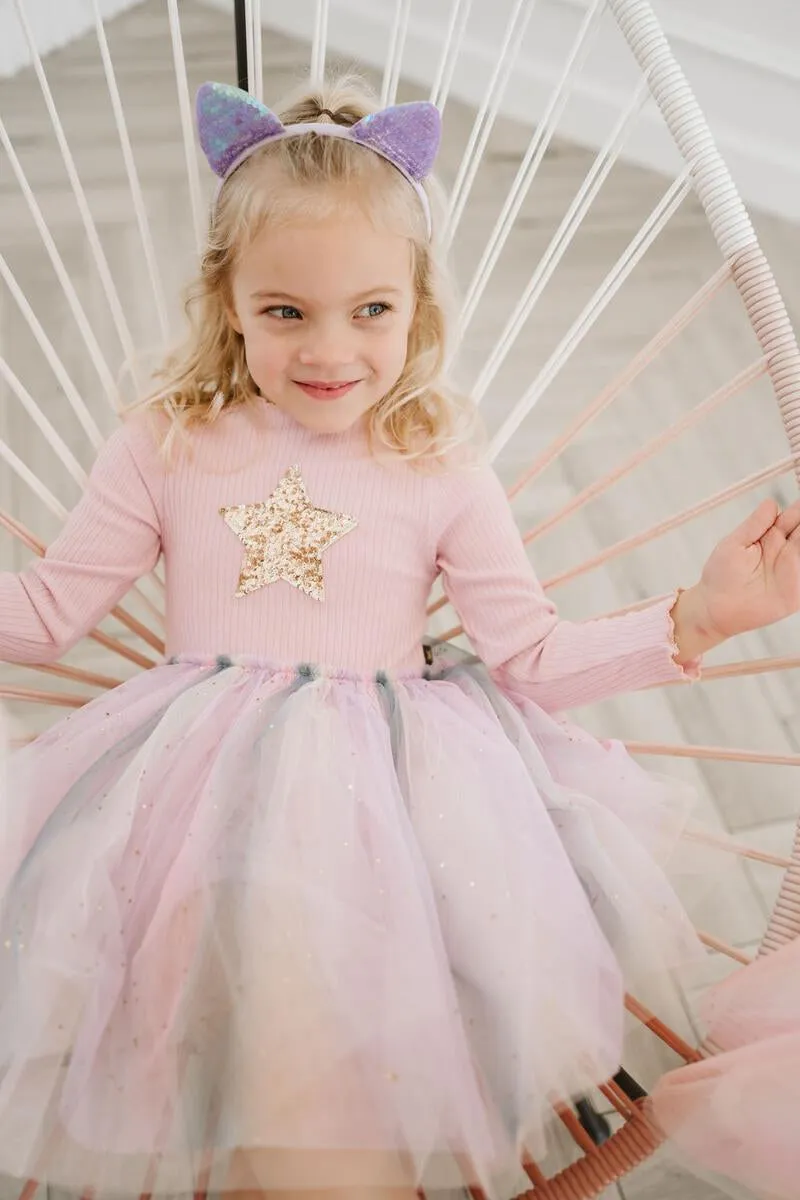 Petite Hailey Ombre Star Tutu L/S Dress - Pink