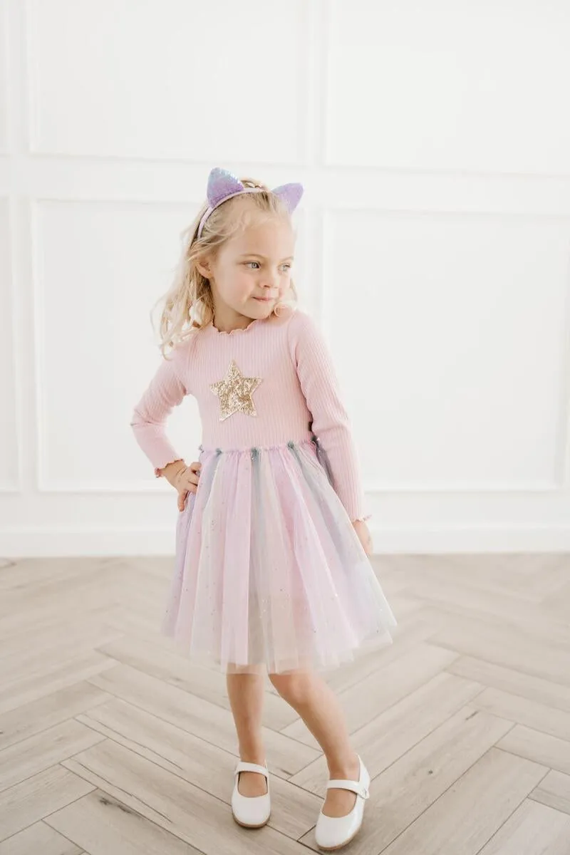 Petite Hailey Ombre Star Tutu L/S Dress - Pink