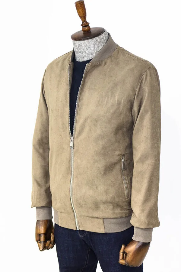 Plain Zippered Pockets Cream Men Bomber Coat - Wessi