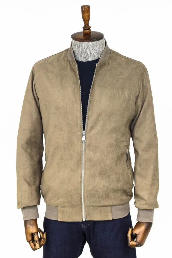 Plain Zippered Pockets Cream Men Bomber Coat - Wessi