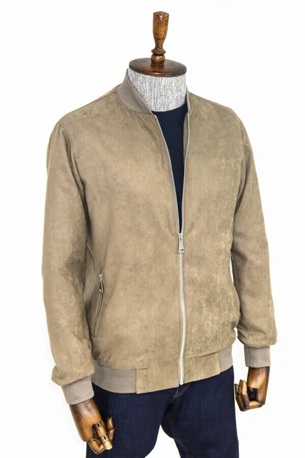 Plain Zippered Pockets Cream Men Bomber Coat - Wessi