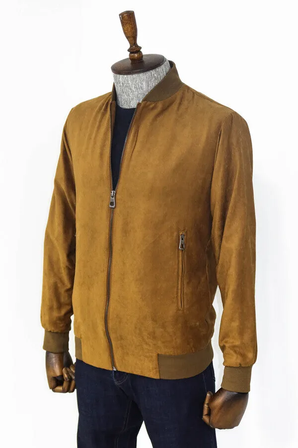 Plain Zippered Pockets Tan Men Bomber Coat - Wessi