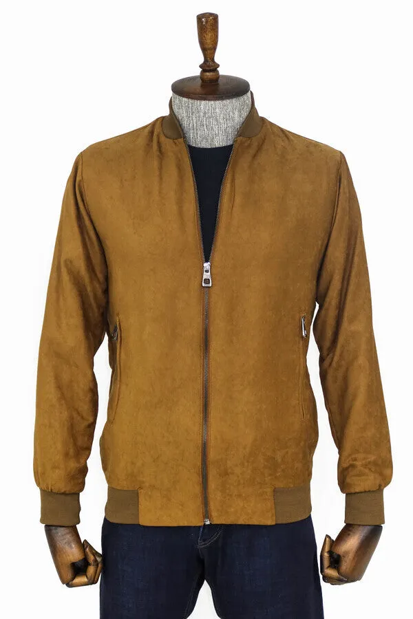 Plain Zippered Pockets Tan Men Bomber Coat - Wessi