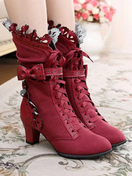 Rococo Lolita Ankle Boots Round Toe Prism Heel Lace Up Bows White Lolita Winter Booties