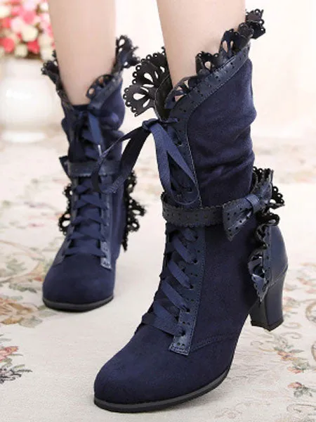 Rococo Lolita Ankle Boots Round Toe Prism Heel Lace Up Bows White Lolita Winter Booties