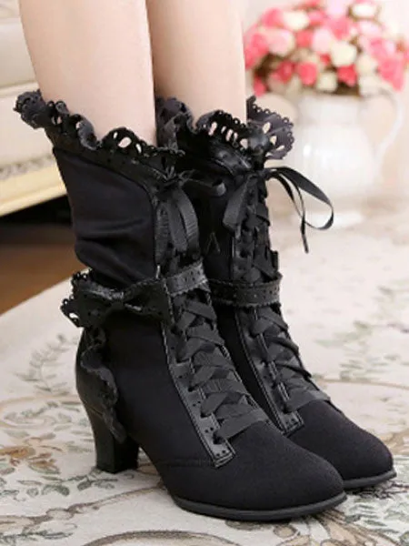 Rococo Lolita Ankle Boots Round Toe Prism Heel Lace Up Bows White Lolita Winter Booties