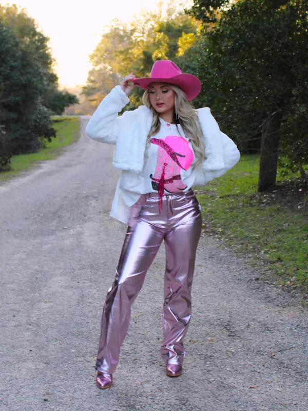 Rodeo Ready Short Sleeve Top Sequin Cowboy boot and Hat, White
