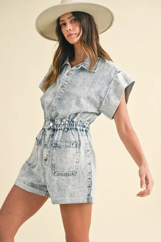 Short Sleeve Denim Romper with Elastic Waistband