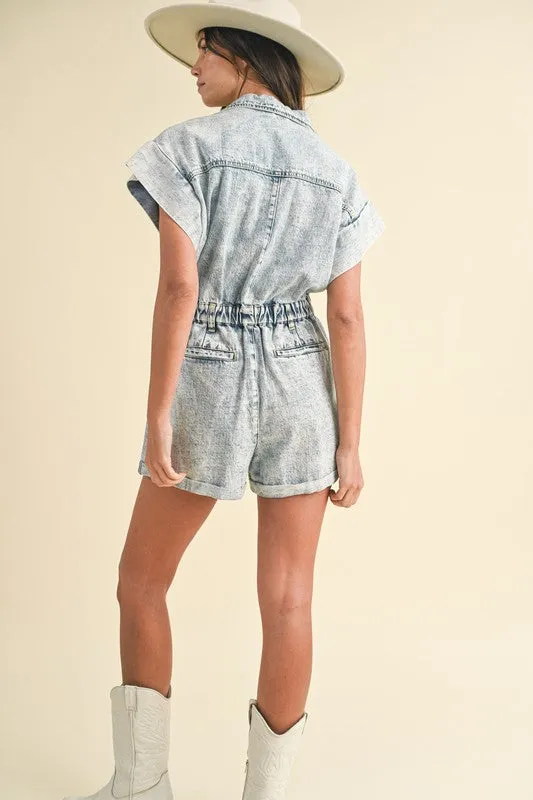 Short Sleeve Denim Romper with Elastic Waistband