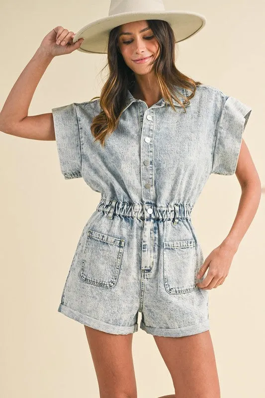 Short Sleeve Denim Romper with Elastic Waistband