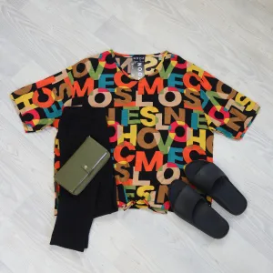Short Sleeve Verity Tie Top - Bright Black Alphabet