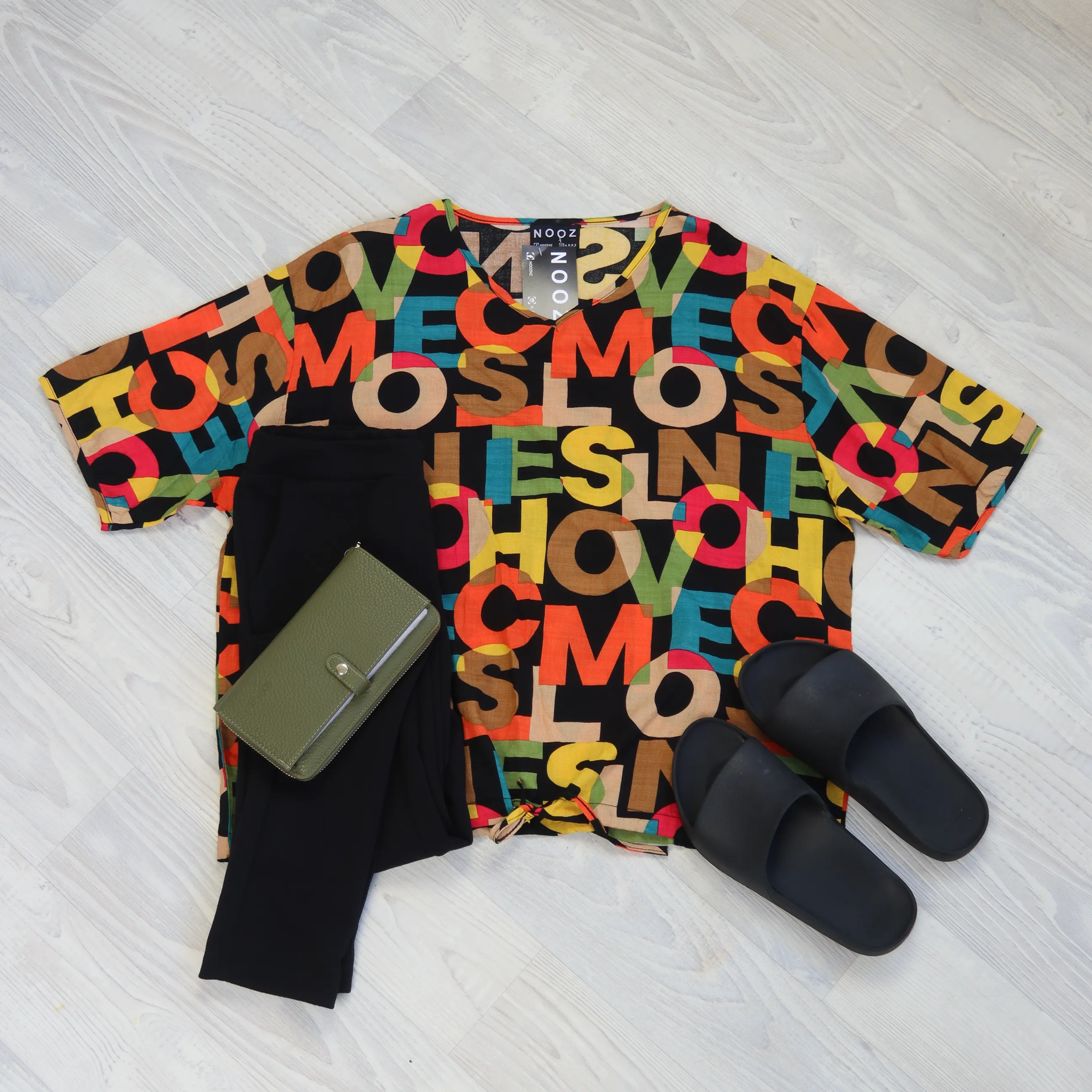 Short Sleeve Verity Tie Top - Bright Black Alphabet