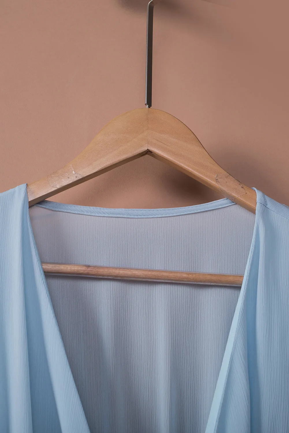 Sky Blue Deep V Neck Lantern Sleeve Knotted Tiered Mini Dress
