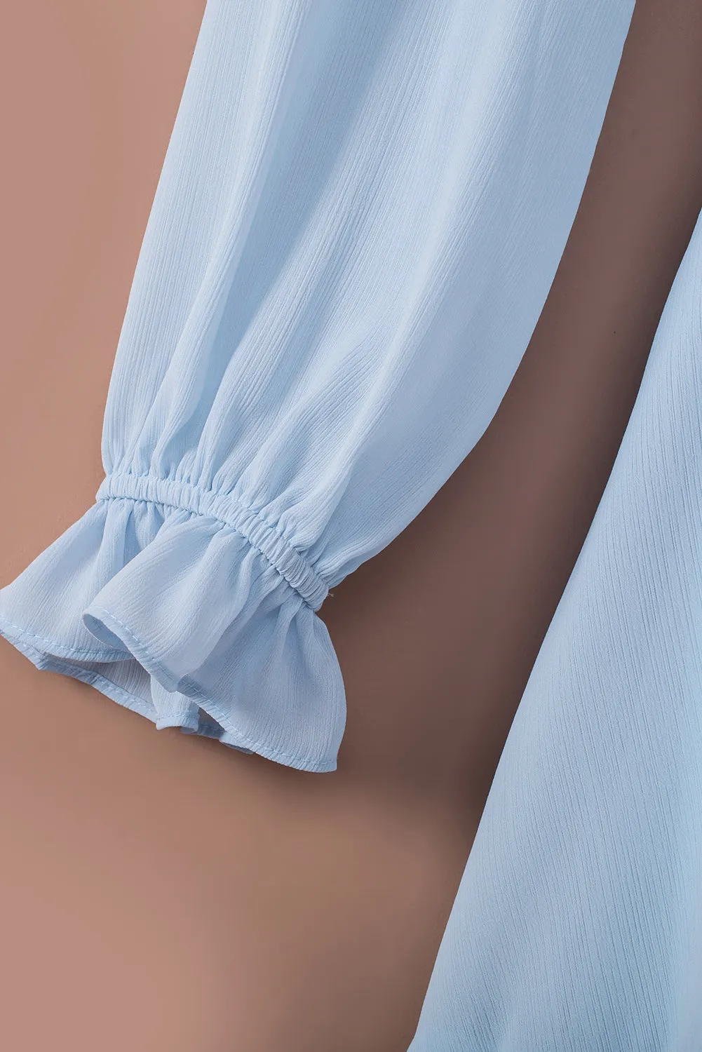 Sky Blue Deep V Neck Lantern Sleeve Knotted Tiered Mini Dress