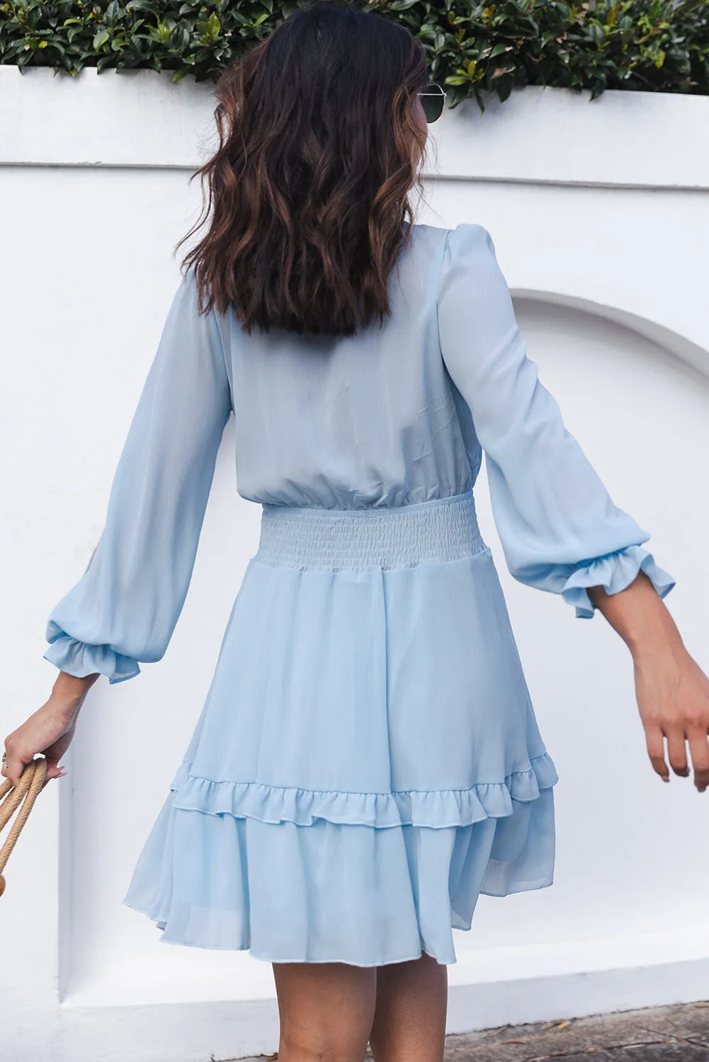 Sky Blue Deep V Neck Lantern Sleeve Knotted Tiered Mini Dress