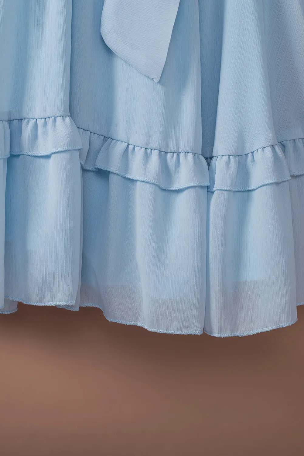 Sky Blue Deep V Neck Lantern Sleeve Knotted Tiered Mini Dress