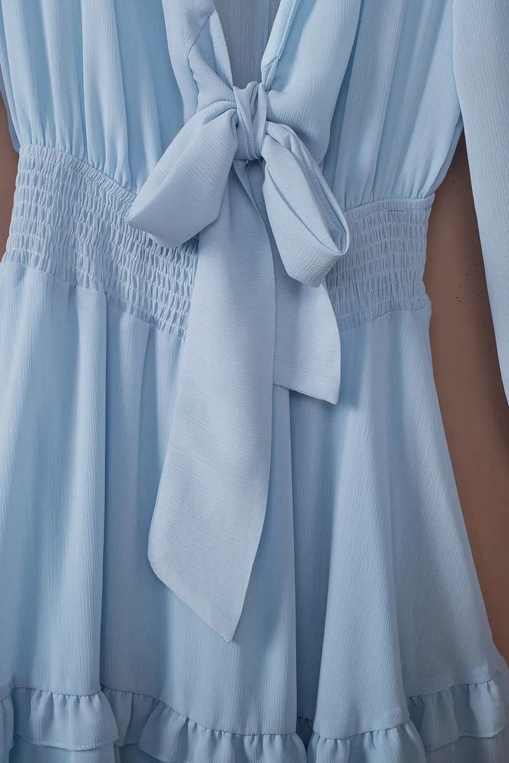 Sky Blue Deep V Neck Lantern Sleeve Knotted Tiered Mini Dress