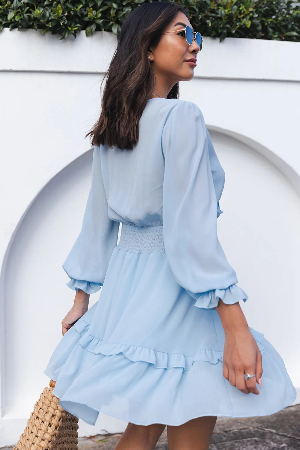 Sky Blue Deep V Neck Lantern Sleeve Knotted Tiered Mini Dress