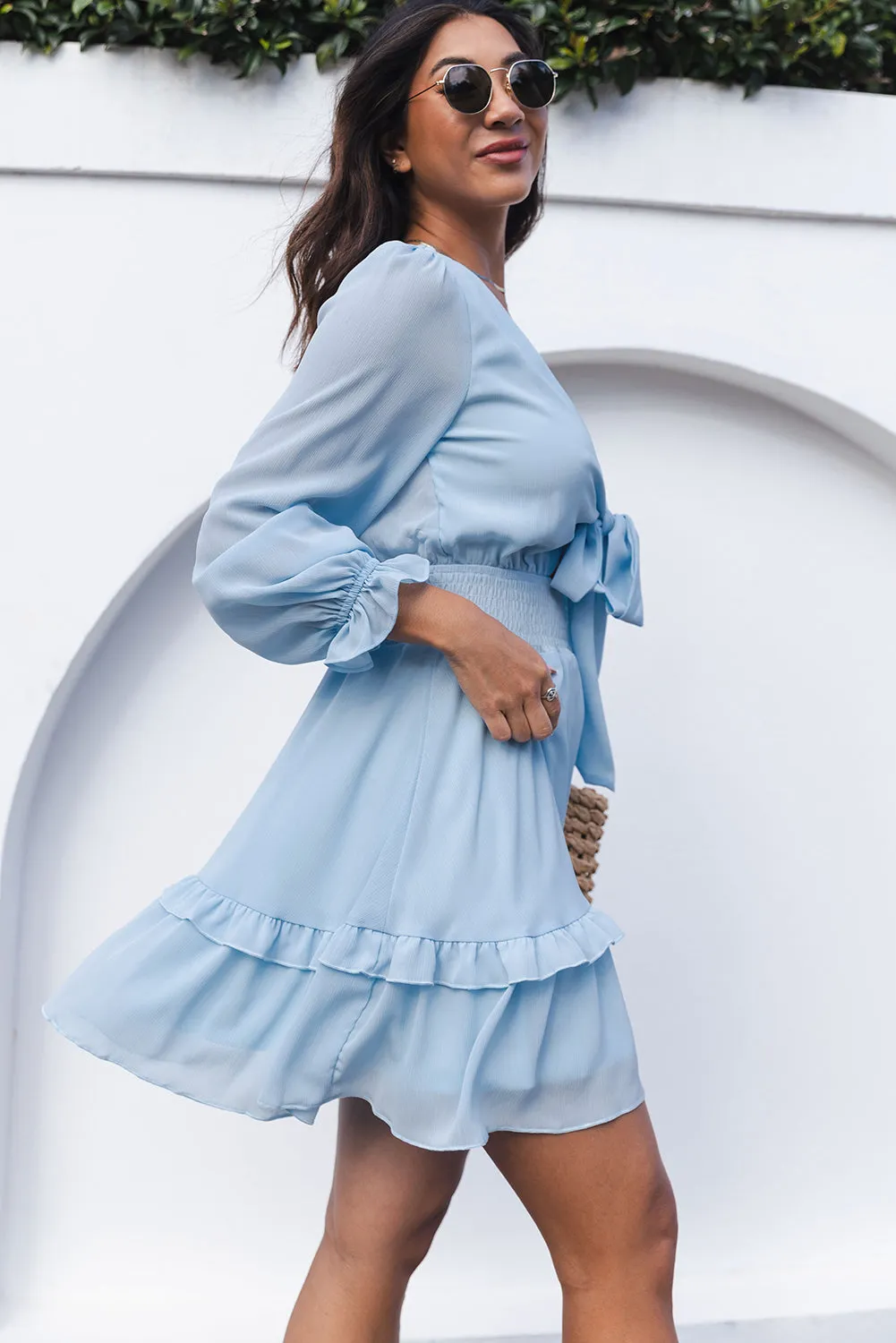 Sky Blue Deep V Neck Lantern Sleeve Knotted Tiered Mini Dress
