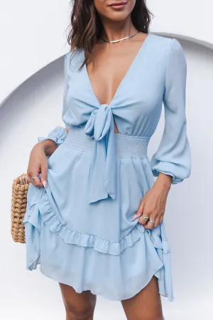 Sky Blue Deep V Neck Lantern Sleeve Knotted Tiered Mini Dress