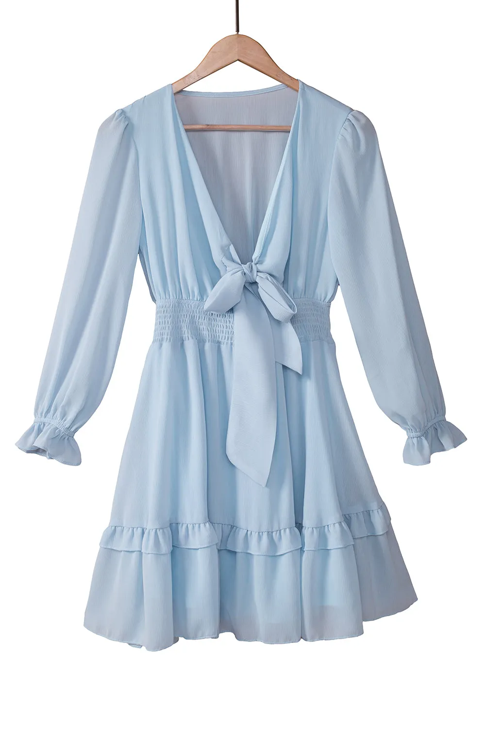 Sky Blue Deep V Neck Lantern Sleeve Knotted Tiered Mini Dress