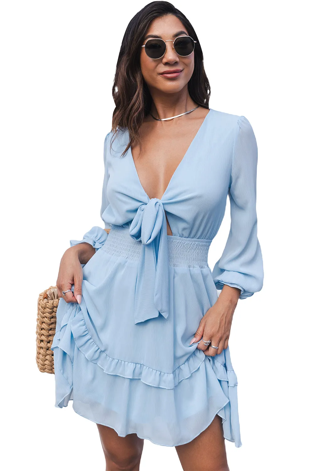 Sky Blue Deep V Neck Lantern Sleeve Knotted Tiered Mini Dress