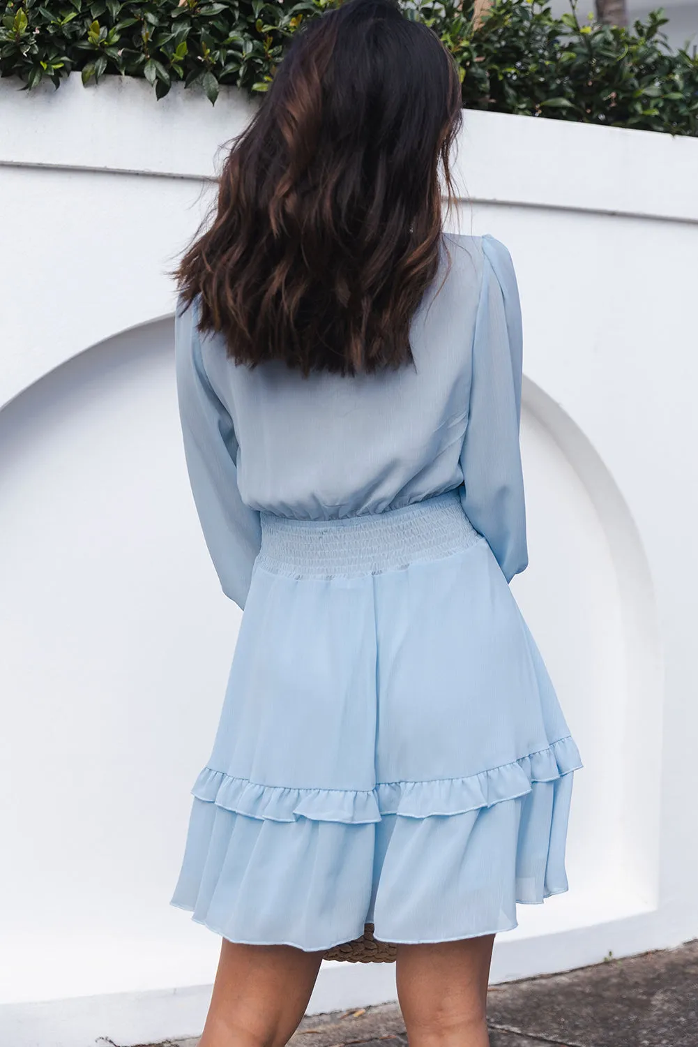 Sky Blue Deep V Neck Lantern Sleeve Knotted Tiered Mini Dress