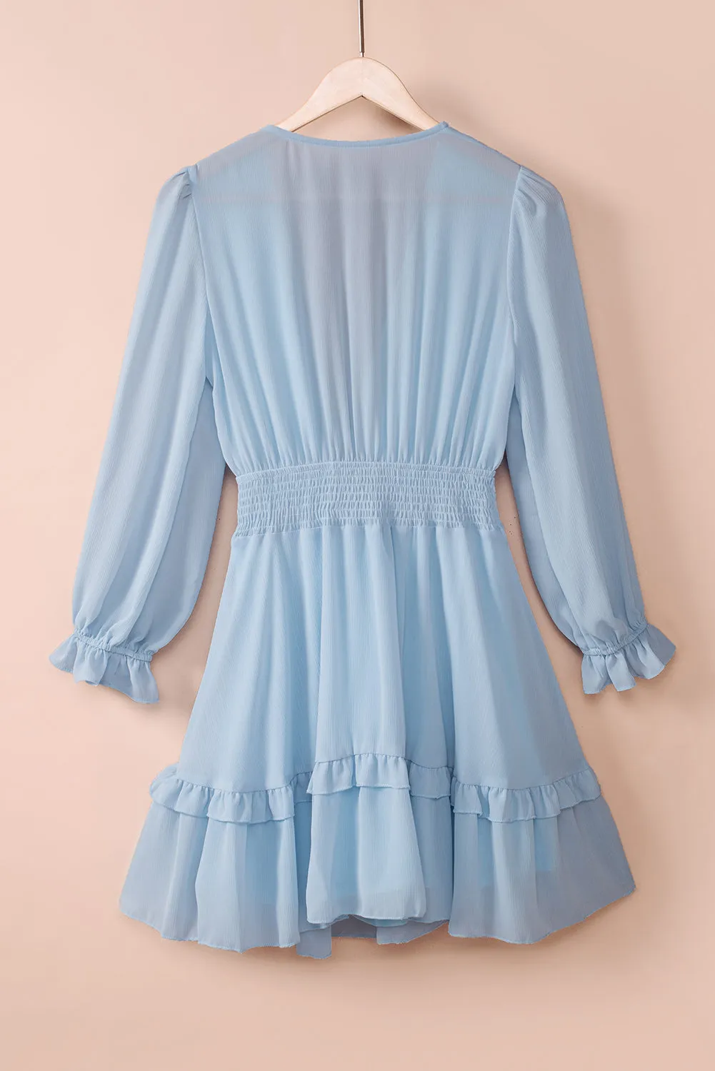 Sky Blue Deep V Neck Lantern Sleeve Knotted Tiered Mini Dress