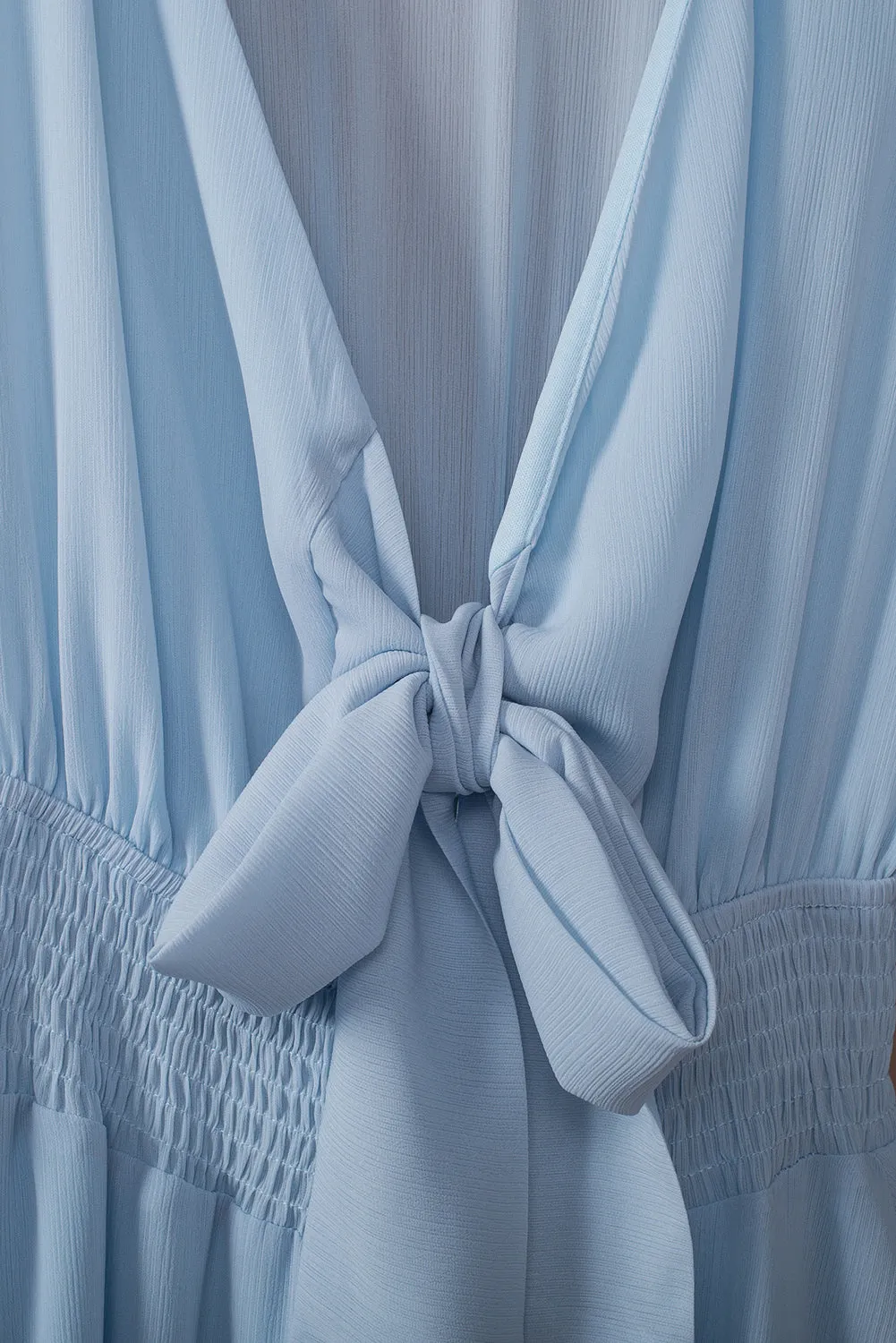 Sky Blue Deep V Neck Lantern Sleeve Knotted Tiered Mini Dress