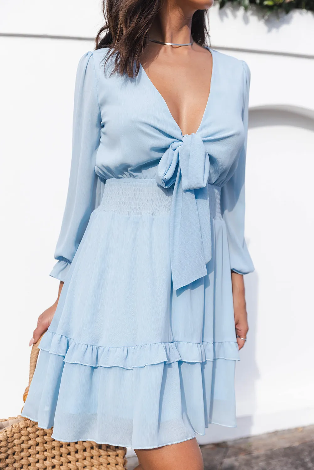 Sky Blue Deep V Neck Lantern Sleeve Knotted Tiered Mini Dress