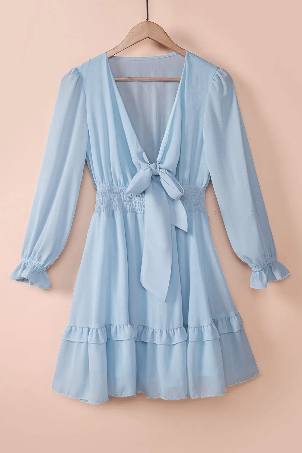 Sky Blue Deep V Neck Lantern Sleeve Knotted Tiered Mini Dress