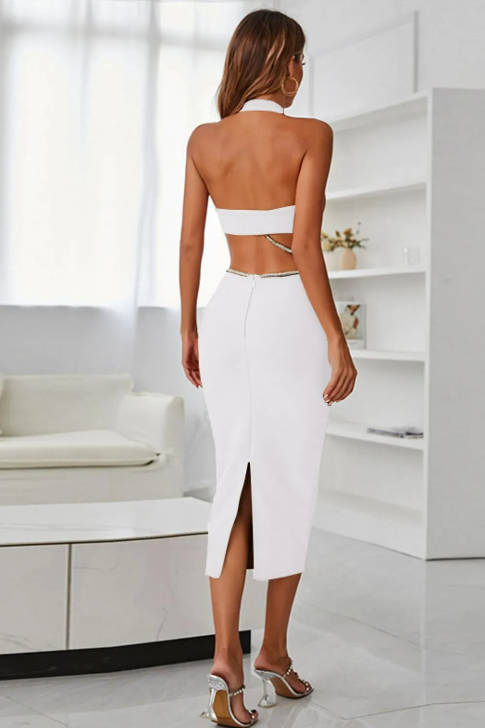 Stun at the Next Event with a Rhinestone Halter Neck Cutout Slit Midi Dress