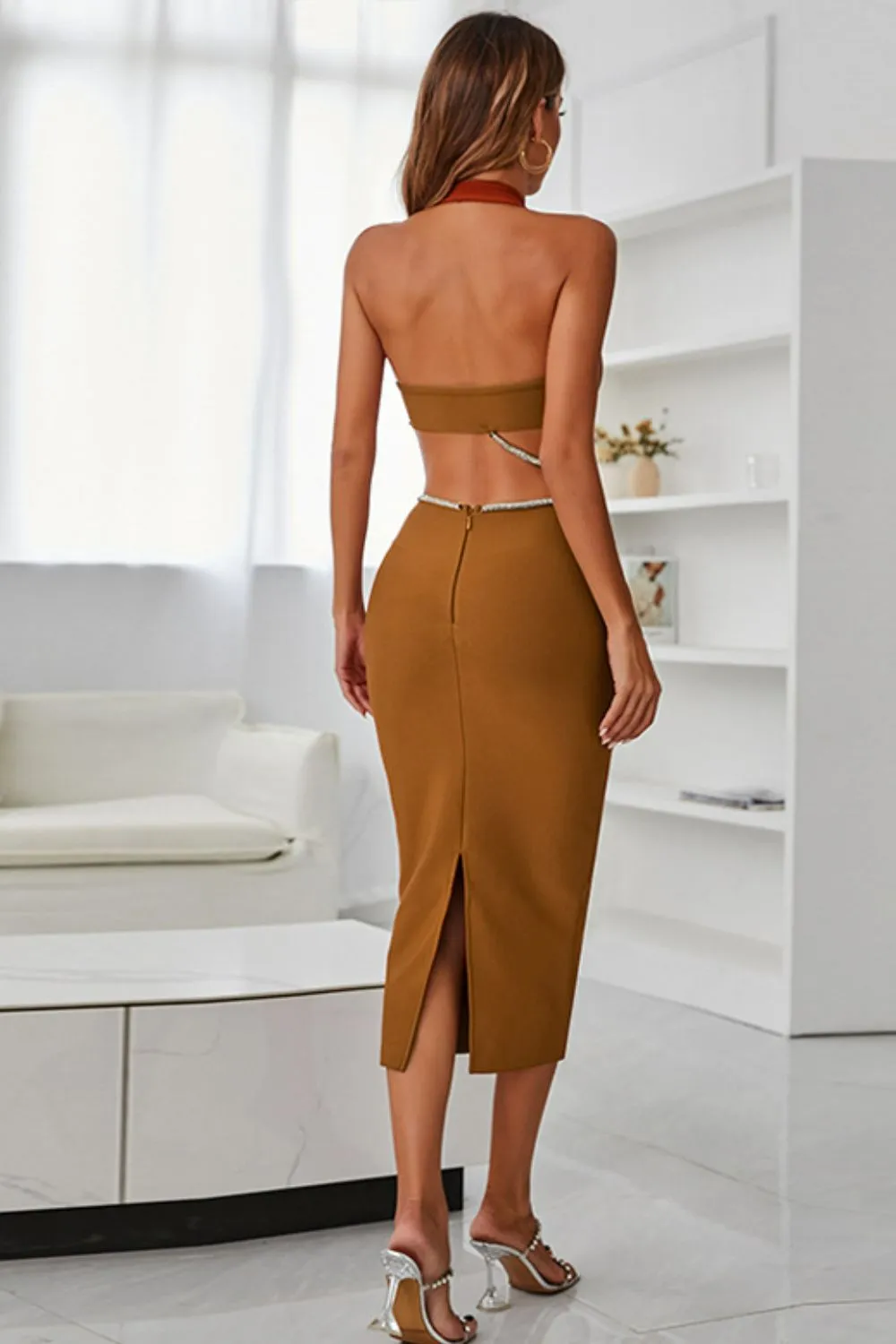 Stun at the Next Event with a Rhinestone Halter Neck Cutout Slit Midi Dress