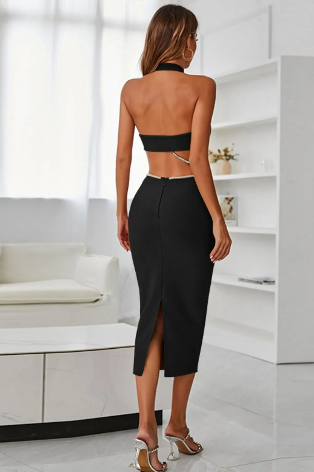Stun at the Next Event with a Rhinestone Halter Neck Cutout Slit Midi Dress